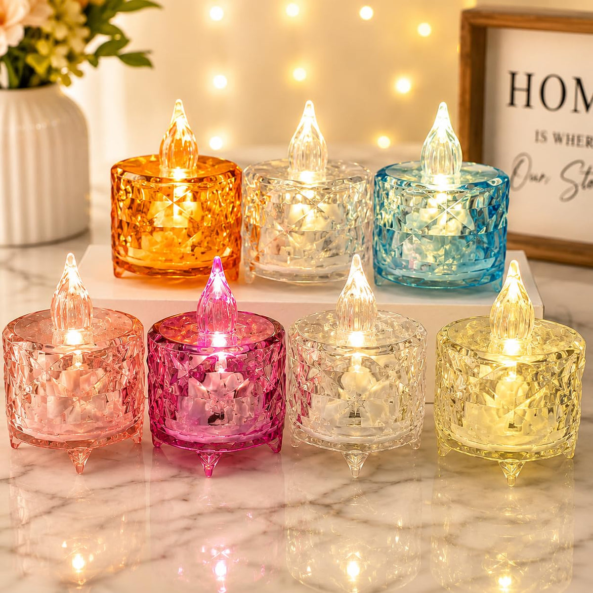 Colourful crystal-style LED tea lights in a warm home setting