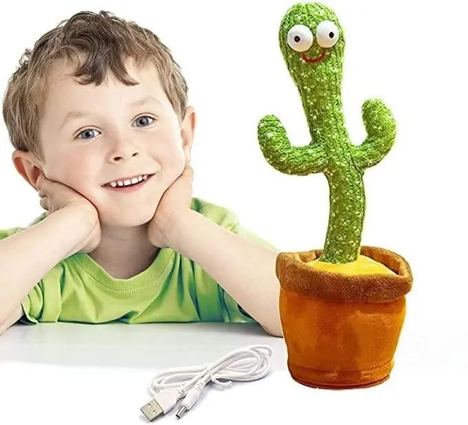 Child smiling beside a dancing cactus toy