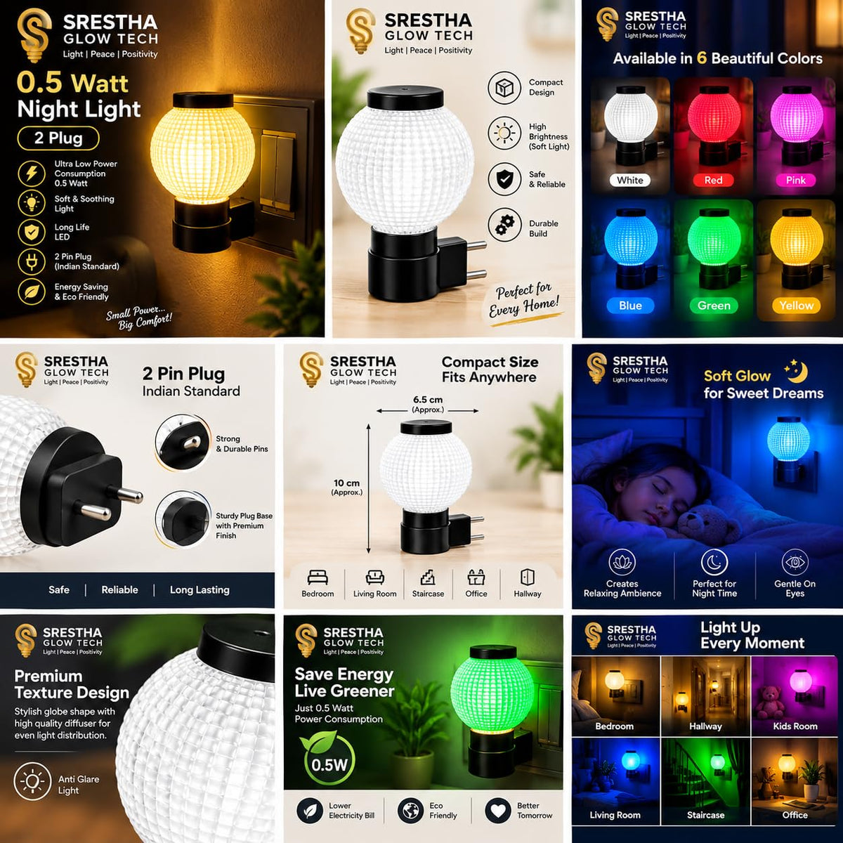 Ball Style 0.5W 2-Pin Plug & Play Night Lamp (Random Color) Pack of 1