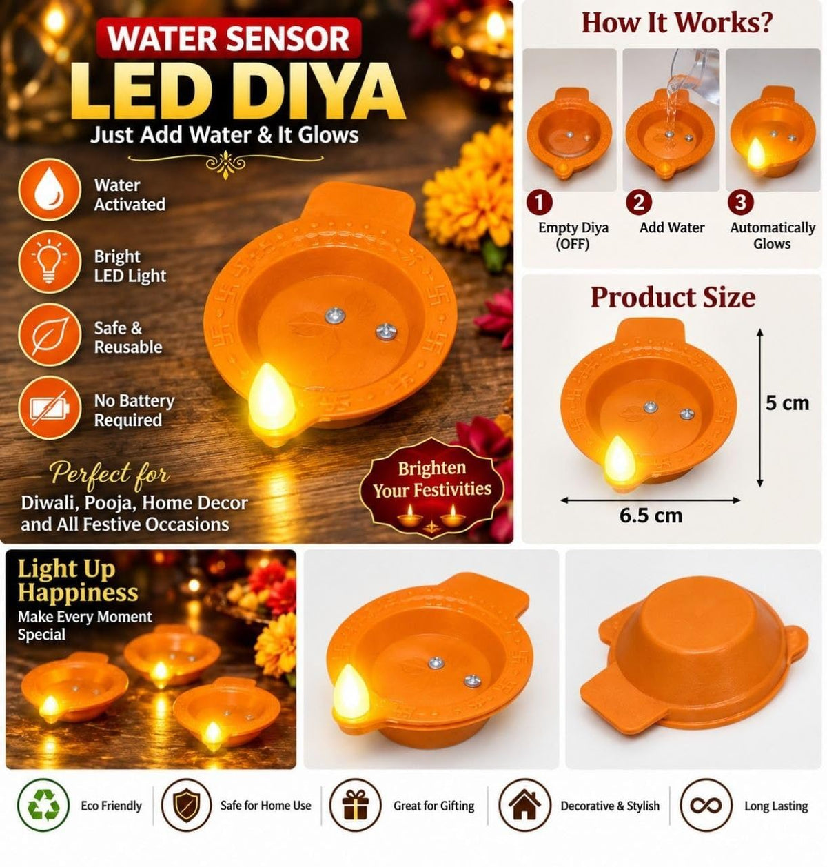 Water Sensor Diya Lights Electric Flameless Smokeless LED Diyas ( 6 pcs)