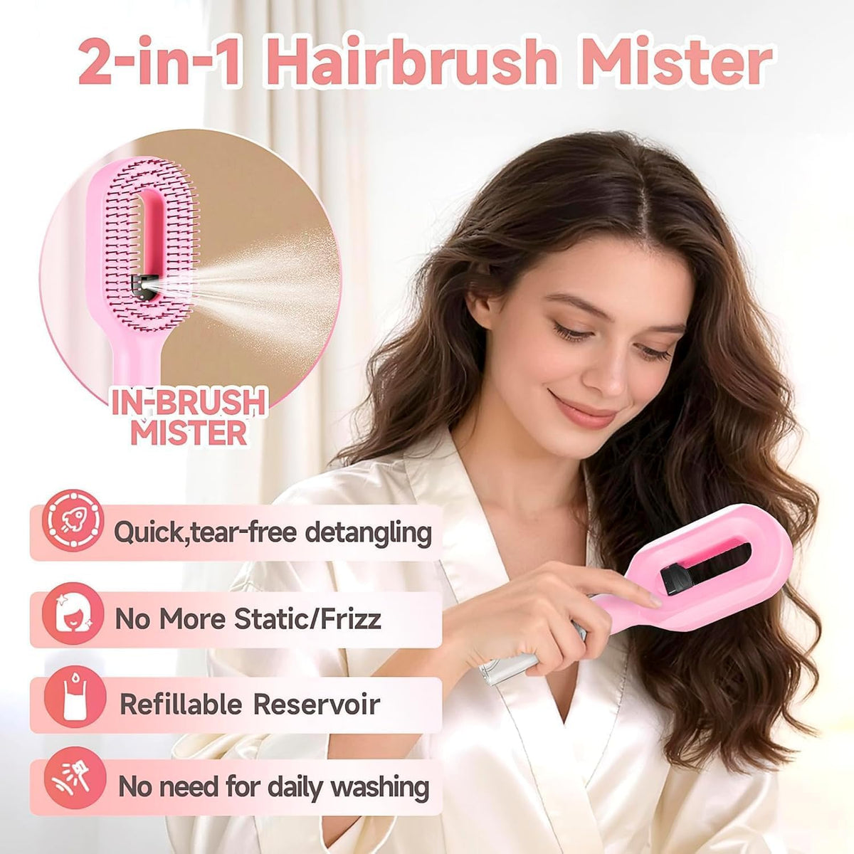 2-in-1 Water Spray Comb Detangling Brush with Built-In Mist Bottle
